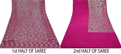 Indian Vintage Pink Saree Pure Crepe Silk Hand Embroidered Sari Fabric 5Yd Sewing Soft Zardozi/Dabka Dress making Dress Designing Crafting