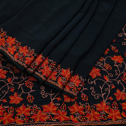 Indian Antique Vintage Heavy Sari Black Pure Crepe Silk Kashmiri Ari Hand Embroidered Sarees 5Yd Sewing Ethnic Dress making Crafting