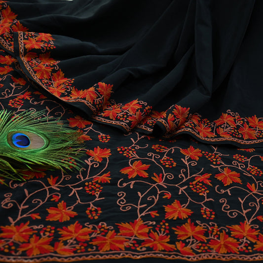 Indian Antique Vintage Heavy Sari Black Pure Crepe Silk Kashmiri Ari Hand Embroidered Sarees 5Yd Sewing Ethnic Dress making Crafting