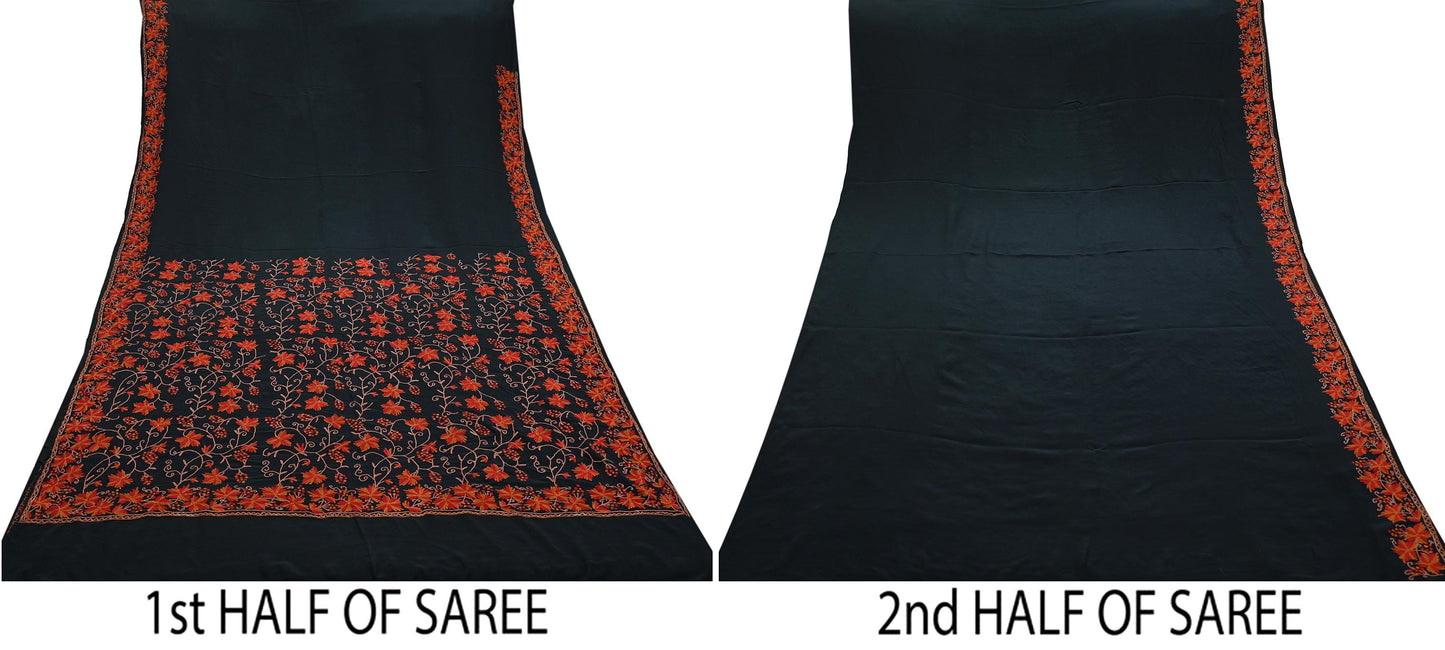 Indian Antique Vintage Heavy Sari Black Pure Crepe Silk Kashmiri Ari Hand Embroidered Sarees 5Yd Sewing Ethnic Dress making Crafting
