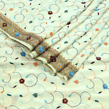 Indian Vintage Heavy Sari Off-White Pure Crepe Silk Hand Embroidered Parsi Sarees Craft Fabric 5Yd Sewing Dress making Blouse Fabric
