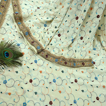 Indian Vintage Heavy Sari Off-White Pure Crepe Silk Hand Embroidered Parsi Sarees Craft Fabric 5Yd Sewing Dress making Blouse Fabric