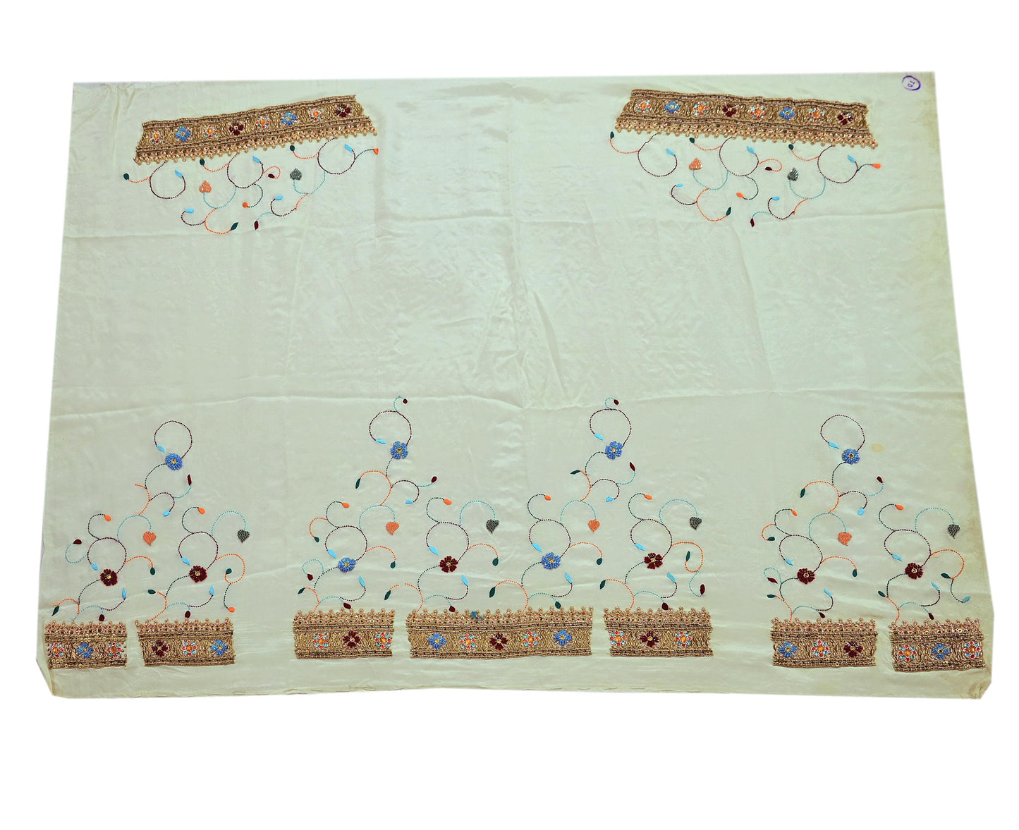 Indian Vintage Heavy Sari Off-White Pure Crepe Silk Hand Embroidered Parsi Sarees Craft Fabric 5Yd Sewing Dress making Blouse Fabric