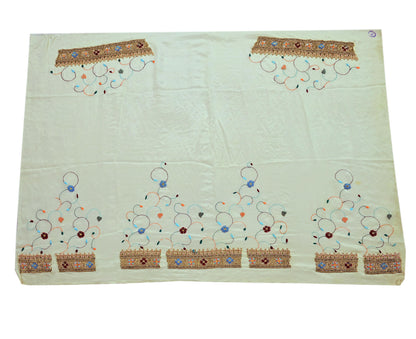 Indian Vintage Heavy Sari Off-White Pure Crepe Silk Hand Embroidered Parsi Sarees Craft Fabric 5Yd Sewing Dress making Blouse Fabric