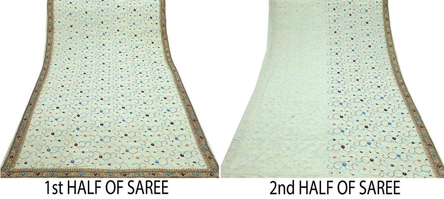 Indian Vintage Heavy Sari Off-White Pure Crepe Silk Hand Embroidered Parsi Sarees Craft Fabric 5Yd Sewing Dress making Blouse Fabric