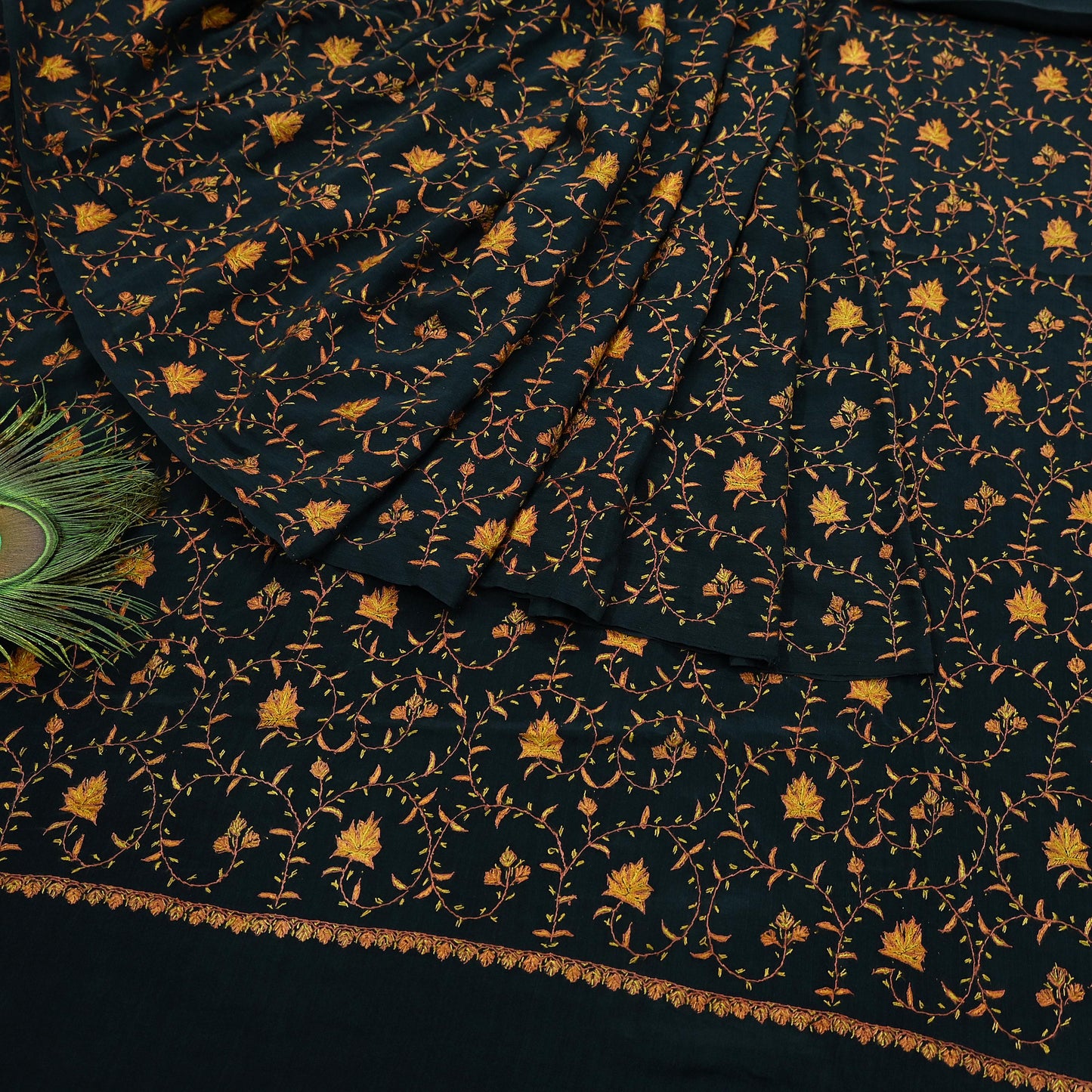 Indian Antique Vintage Heavy Sari Black Pure Crepe Silk Hand Embroidered Kashmiri Suzani Work Sarees 5Yd Sewing Ethnic Dress making Crafting