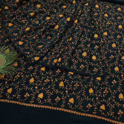 Indian Antique Vintage Heavy Sari Black Pure Crepe Silk Hand Embroidered Kashmiri Suzani Work Sarees 5Yd Sewing Ethnic Dress making Crafting