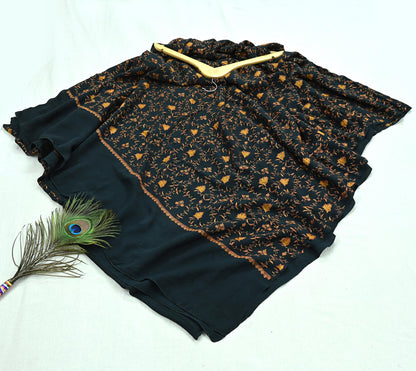 Indian Antique Vintage Heavy Sari Black Pure Crepe Silk Hand Embroidered Kashmiri Suzani Work Sarees 5Yd Sewing Ethnic Dress making Crafting