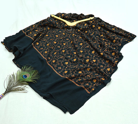 Indian Antique Vintage Heavy Sari Black Pure Crepe Silk Hand Embroidered Kashmiri Suzani Work Sarees 5Yd Sewing Ethnic Dress making Crafting