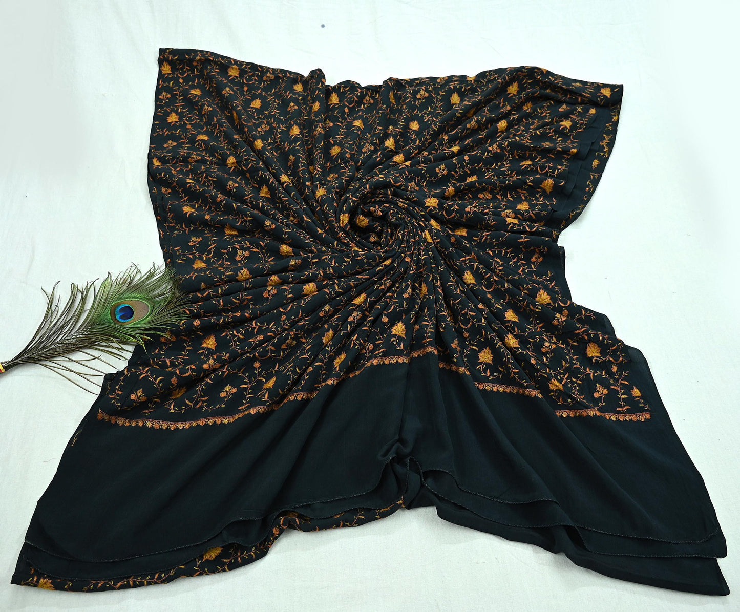 Indian Antique Vintage Heavy Sari Black Pure Crepe Silk Hand Embroidered Kashmiri Suzani Work Sarees 5Yd Sewing Ethnic Dress making Crafting