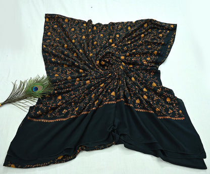 Indian Antique Vintage Heavy Sari Black Pure Crepe Silk Hand Embroidered Kashmiri Suzani Work Sarees 5Yd Sewing Ethnic Dress making Crafting