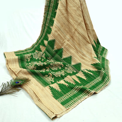 Indian Vintage Beige Saree Pure Khadi Silk Handloom Embroidered  Sari Craft Fabric 5yd Ethnic Wear Border Dress making Upcycle Fringes