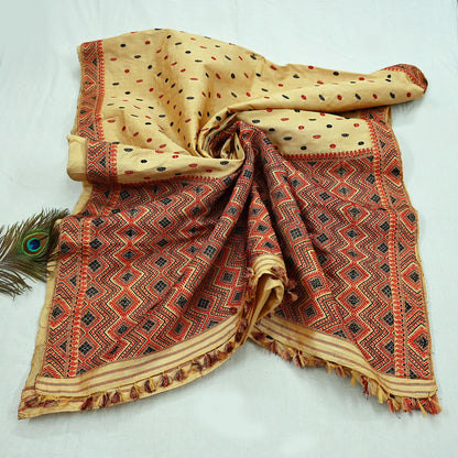 Indian Vintage Beige Saree Pure Khadi Silk Hand Embroidered Sari Handloom Craft Fabric 5yd Ethnic Wear Border Dress making Upcycle Fringes