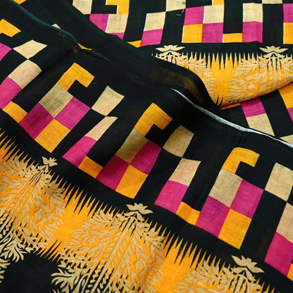 Indian Vintage Sari Pink & Black Printed 100% Pure Cotton Saree Soft Craft Fabric 5Yd Sewing Sarong Wrap Boho Dress Making Crafting Quilting