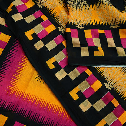 Indian Vintage Sari Pink & Black Printed 100% Pure Cotton Saree Soft Craft Fabric 5Yd Sewing Sarong Wrap Boho Dress Making Crafting Quilting