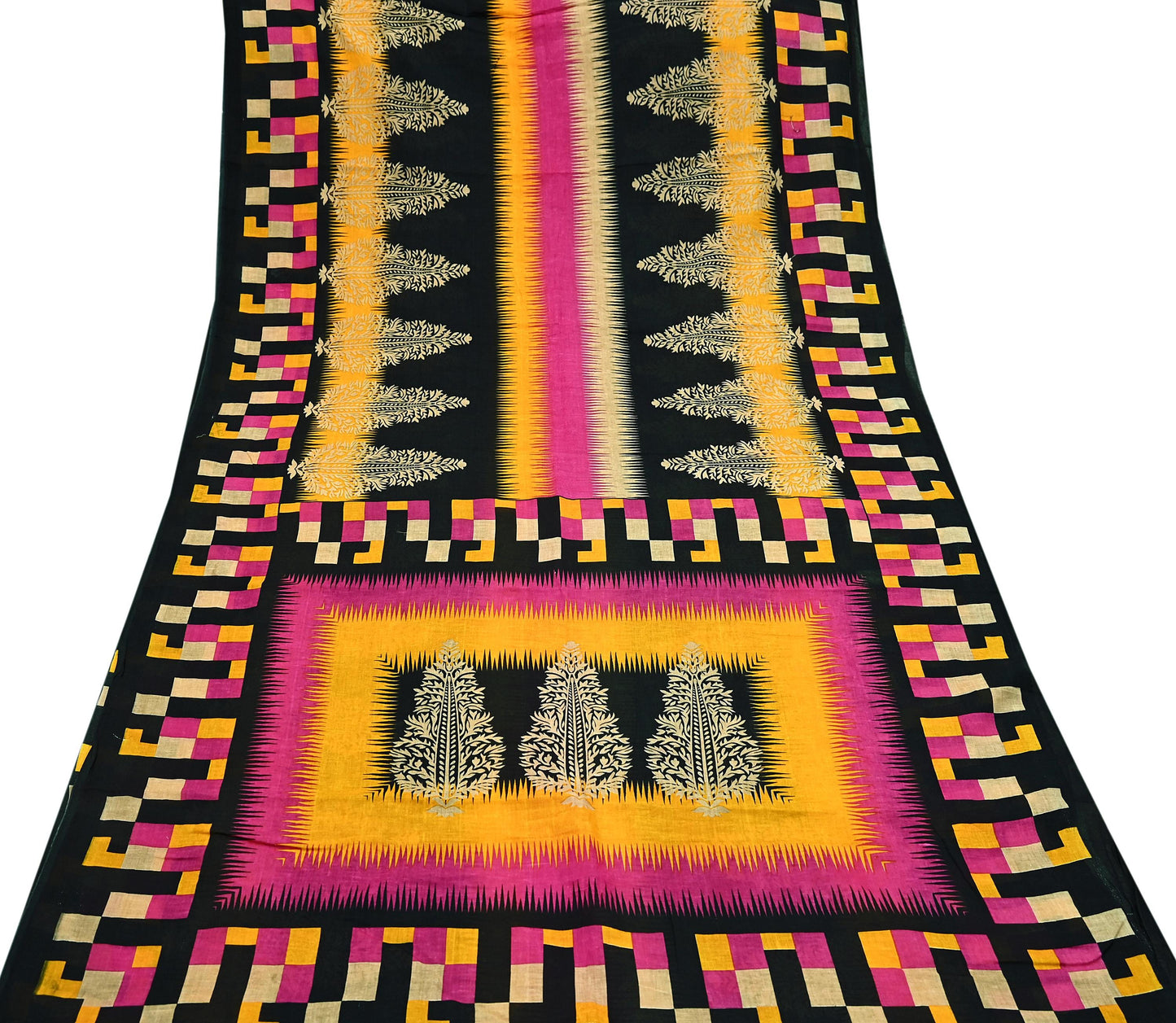 Indian Vintage Sari Pink & Black Printed 100% Pure Cotton Saree Soft Craft Fabric 5Yd Sewing Sarong Wrap Boho Dress Making Crafting Quilting