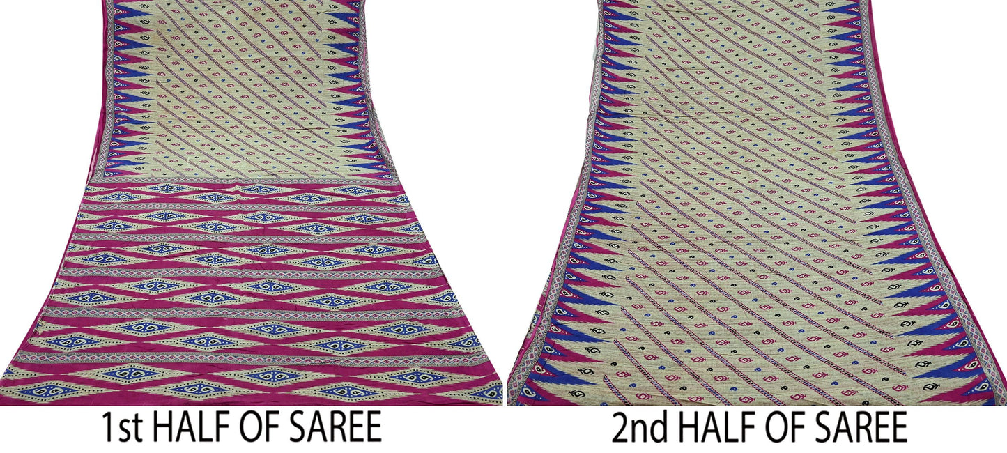 Indian Vintage Pink & Beige Saree Printed 100% Pure Cotton Sari Craft Fabric 5Yd Sewing Sarong Wrap Floral Dress making Quilting Crafting