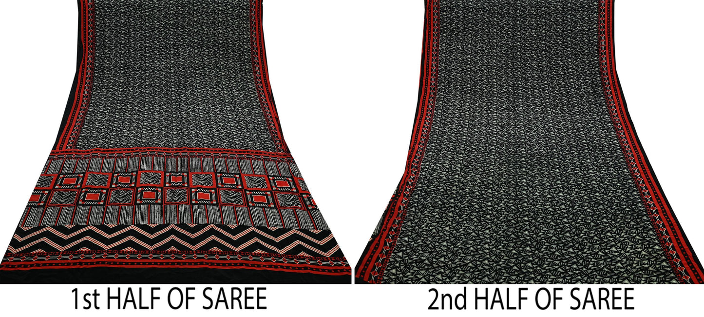 Indian Vintage Beige & Black Saree Pure Crepe Silk Printed Sari Craft Fabric 5yd Sewing Floral Soft Wrap Dress making Crafting Quilting