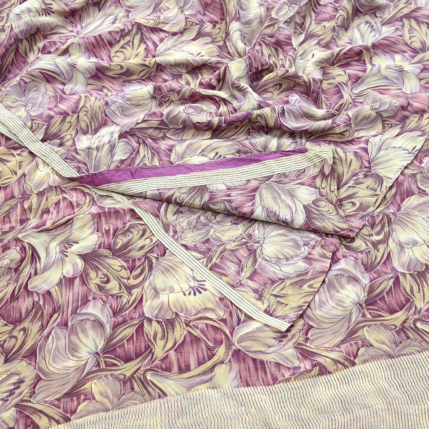 Indian Vintage Beige & Purple Saree Pure Crepe Silk Printed Sari Craft Fabric 5yd Sewing Floral Soft Dress making For Crafting Quilting
