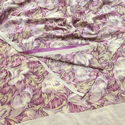 Indian Vintage Beige & Purple Saree Pure Crepe Silk Printed Sari Craft Fabric 5yd Sewing Floral Soft Dress making For Crafting Quilting