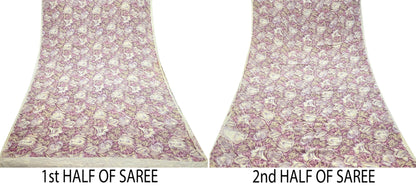 Indian Vintage Beige & Purple Saree Pure Crepe Silk Printed Sari Craft Fabric 5yd Sewing Floral Soft Dress making For Crafting Quilting