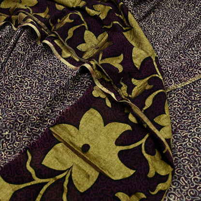 Indian Vintage Sari Beige & Maroon Pure Georgette Silk Printed Sarees Craft Fabric Sewing 5Yd Dress Making Crafting Quilting Upcycle Zari