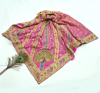 Indian Antique Vintage Heavy Pink Saree Pure Crepe Silk Hand Embroidered Sari Craft Fabric 5Yd Sewing Soft Zardozi/Dabka Sequins