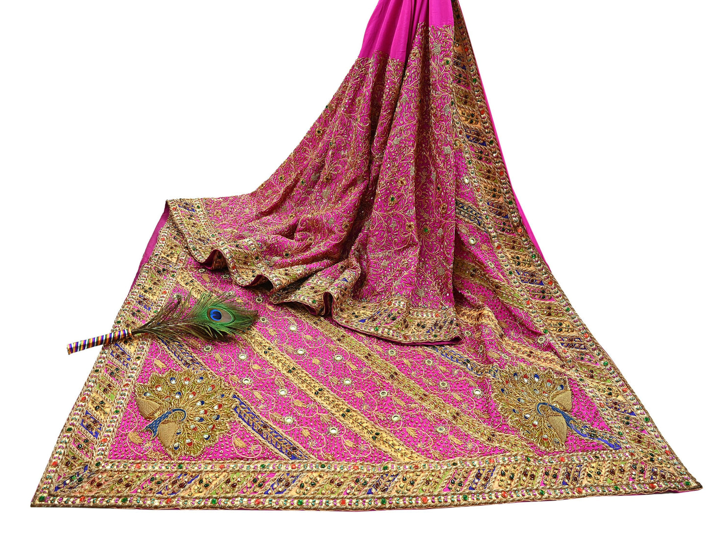 Indian Antique Vintage Heavy Pink Saree Pure Crepe Silk Hand Embroidered Sari Craft Fabric 5Yd Sewing Soft Zardozi/Dabka Sequins