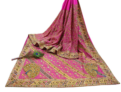 Indian Antique Vintage Heavy Pink Saree Pure Crepe Silk Hand Embroidered Sari Craft Fabric 5Yd Sewing Soft Zardozi/Dabka Sequins