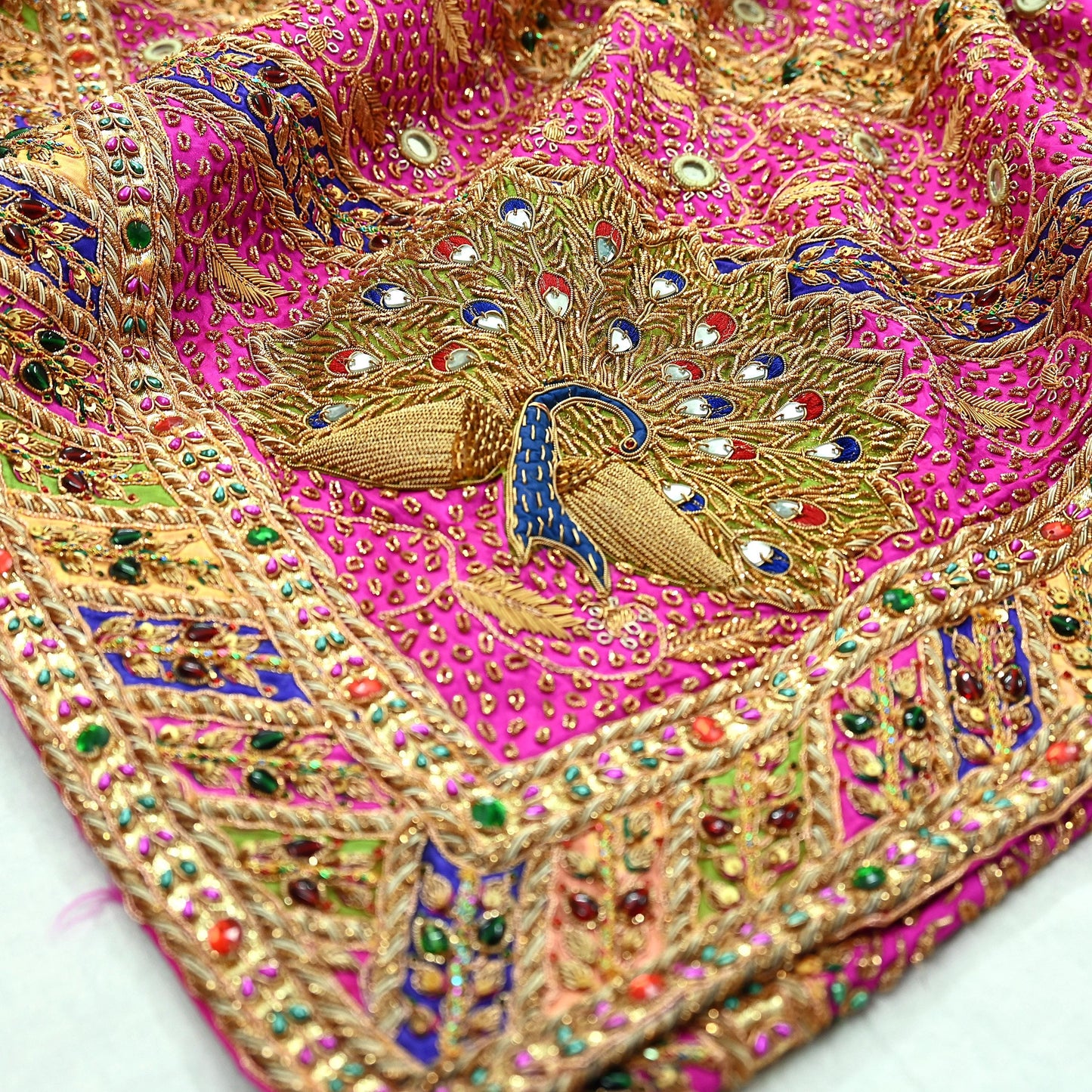 Indian Antique Vintage Heavy Pink Saree Pure Crepe Silk Hand Embroidered Sari Craft Fabric 5Yd Sewing Soft Zardozi/Dabka Sequins