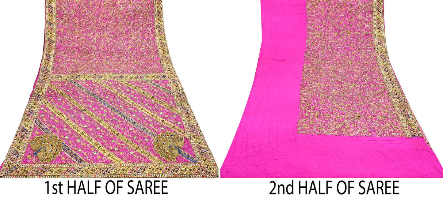 Indian Antique Vintage Heavy Pink Saree Pure Crepe Silk Hand Embroidered Sari Craft Fabric 5Yd Sewing Soft Zardozi/Dabka Sequins