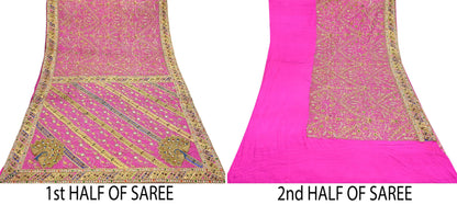 Indian Antique Vintage Heavy Pink Saree Pure Crepe Silk Hand Embroidered Sari Craft Fabric 5Yd Sewing Soft Zardozi/Dabka Sequins