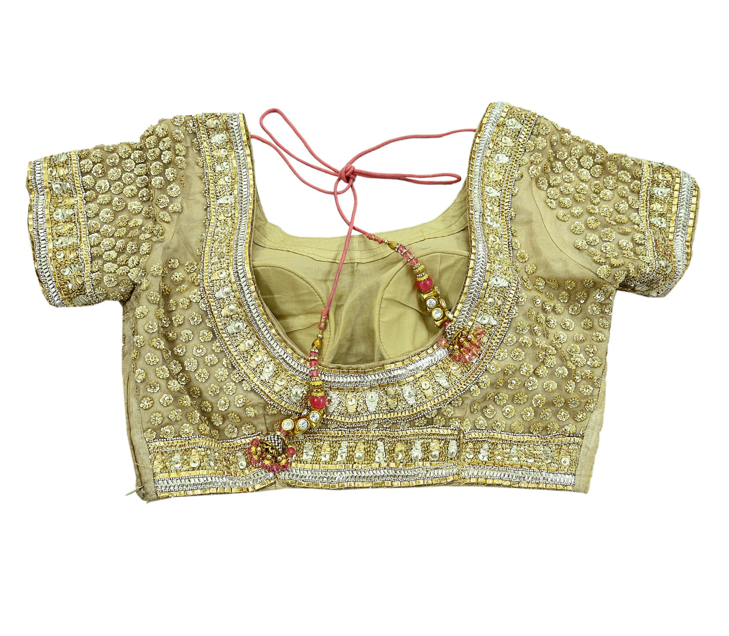 Indian Pre-owned Beige Net Hand Embroidered By Designer Abu Jani Padded Blouse/Top/Crop M Size Party wear Bollywood