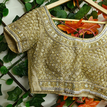 Indian Pre-owned Beige Net Hand Embroidered By Designer Abu Jani Padded Blouse/Top/Crop M Size Party wear Bollywood