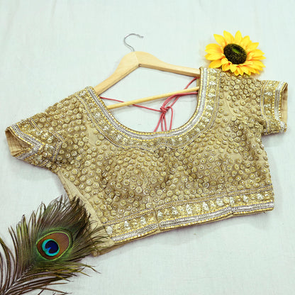 Indian Pre-owned Beige Net Hand Embroidered By Designer Abu Jani Padded Blouse/Top/Crop M Size Party wear Bollywood