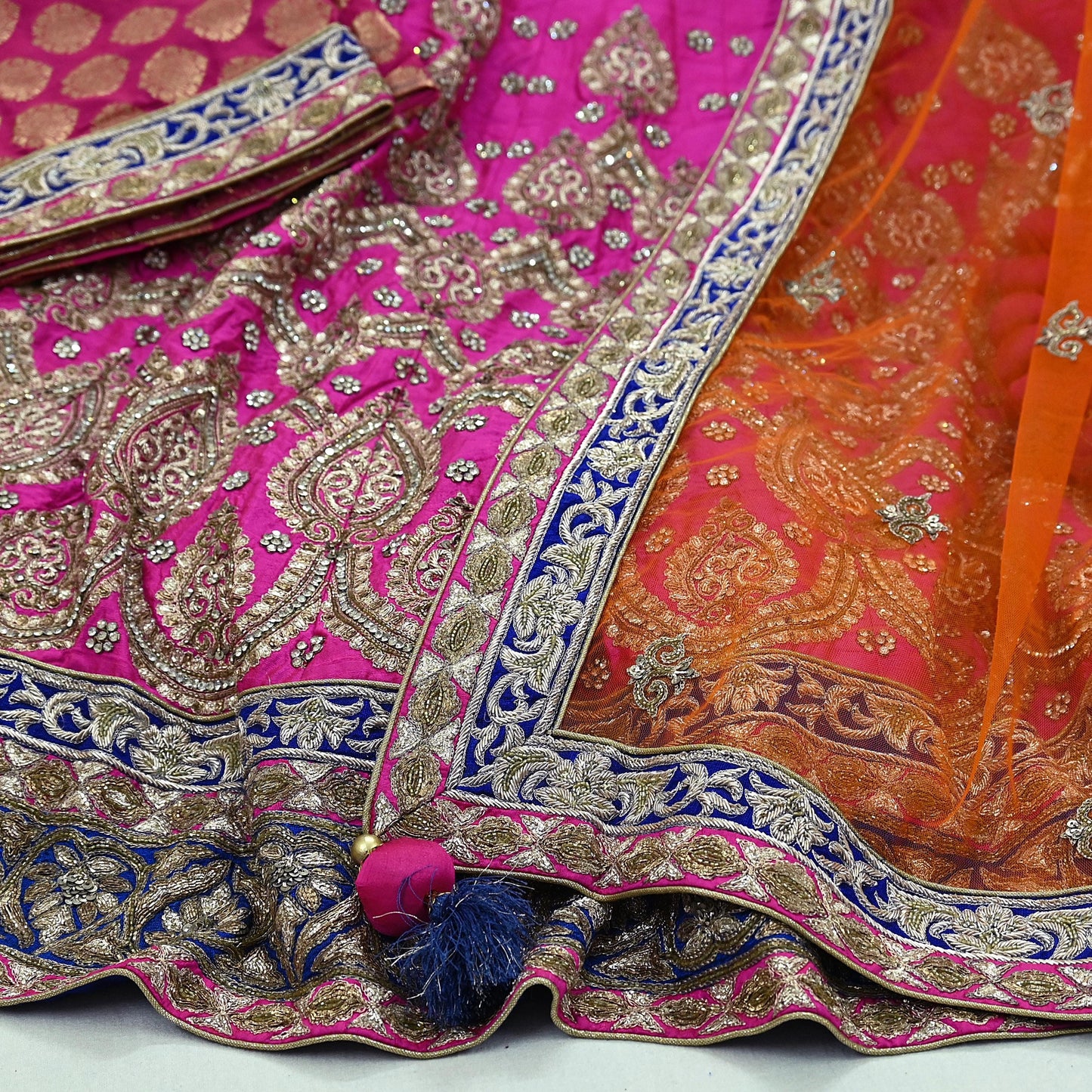Indian New Heavy Magenta & Orange Pure Chanderi Silk/Net Hand Embroidered Lehenga 3pcs Set By Designer Sabyasachi Bridal Wear Blouse