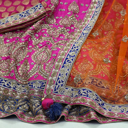 Indian New Heavy Magenta & Orange Pure Chanderi Silk/Net Hand Embroidered Lehenga 3pcs Set By Designer Sabyasachi Bridal Wear Blouse