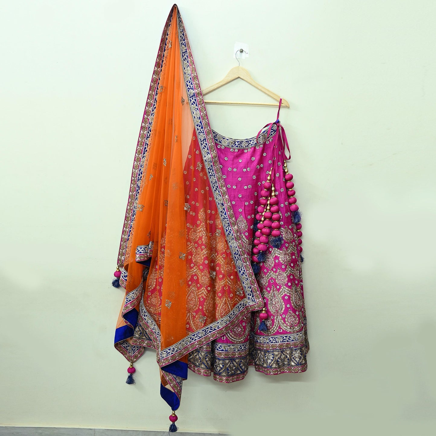 Indian New Heavy Magenta & Orange Pure Chanderi Silk/Net Hand Embroidered Lehenga 3pcs Set By Designer Sabyasachi Bridal Wear Blouse