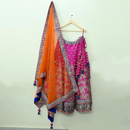 Indian New Heavy Magenta & Orange Pure Chanderi Silk/Net Hand Embroidered Lehenga 3pcs Set By Designer Sabyasachi Bridal Wear Blouse