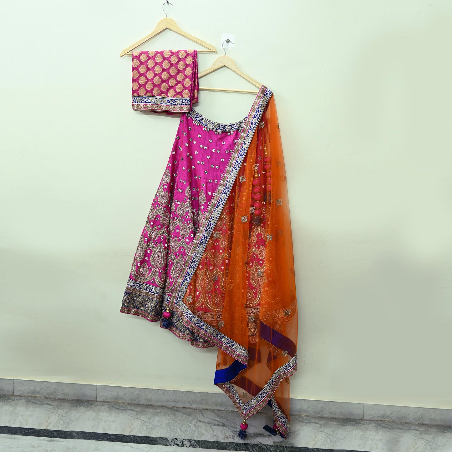 Indian New Heavy Magenta & Orange Pure Chanderi Silk/Net Hand Embroidered Lehenga 3pcs Set By Designer Sabyasachi Bridal Wear Blouse