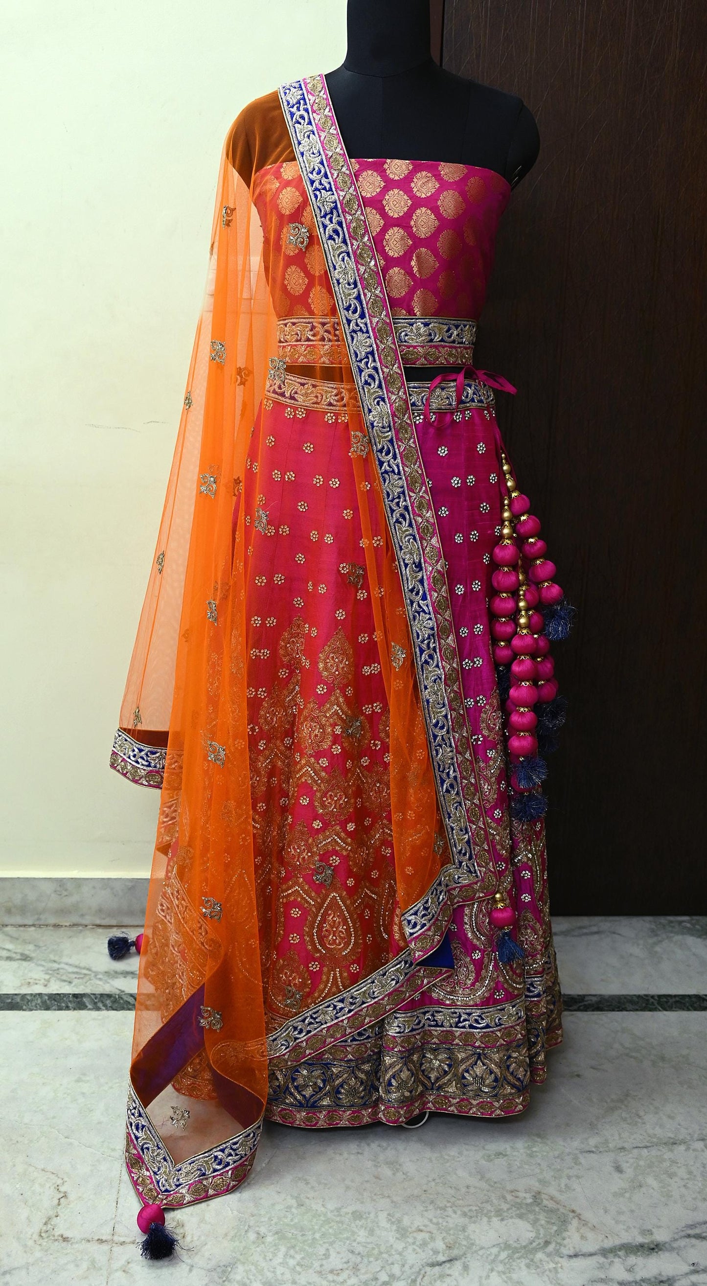 Indian New Heavy Magenta & Orange Pure Chanderi Silk/Net Hand Embroidered Lehenga 3pcs Set By Designer Sabyasachi Bridal Wear Blouse