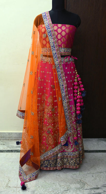 Indian New Heavy Magenta & Orange Pure Chanderi Silk/Net Hand Embroidered Lehenga 3pcs Set By Designer Sabyasachi Bridal Wear Blouse