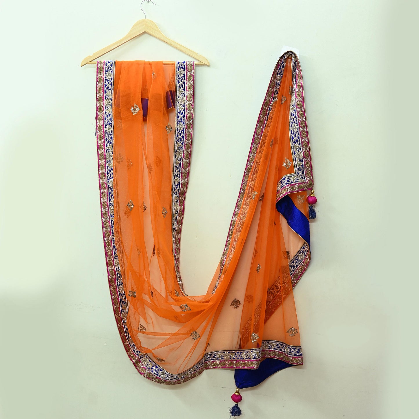 Indian Pre-owned Heavy Wedding Dupatta Orange Net Long Stole Hand Embroidered By Designer Sabyasachi Scarves Zardozi Bridal Veil