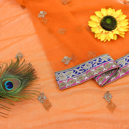 Indian Pre-owned Heavy Wedding Dupatta Orange Net Long Stole Hand Embroidered By Designer Sabyasachi Scarves Zardozi Bridal Veil