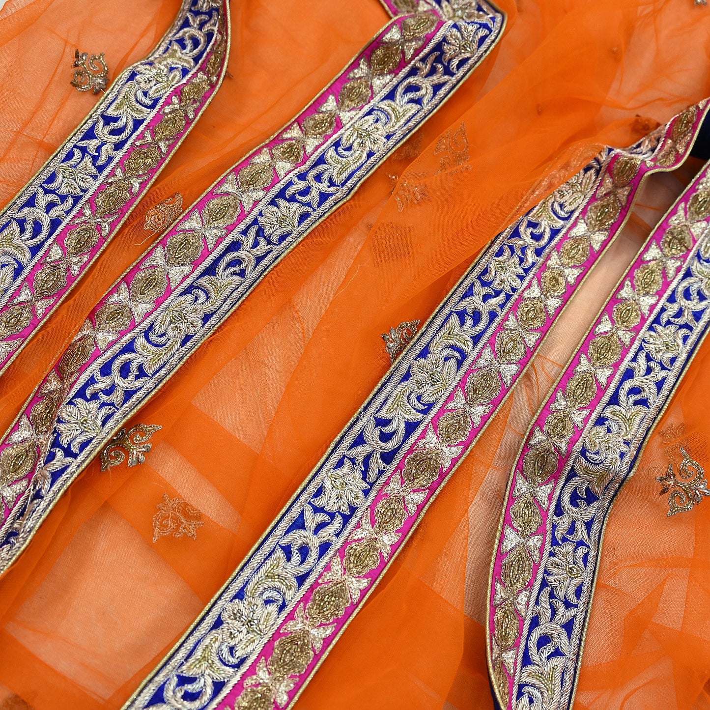 Indian Pre-owned Heavy Wedding Dupatta Orange Net Long Stole Hand Embroidered By Designer Sabyasachi Scarves Zardozi Bridal Veil