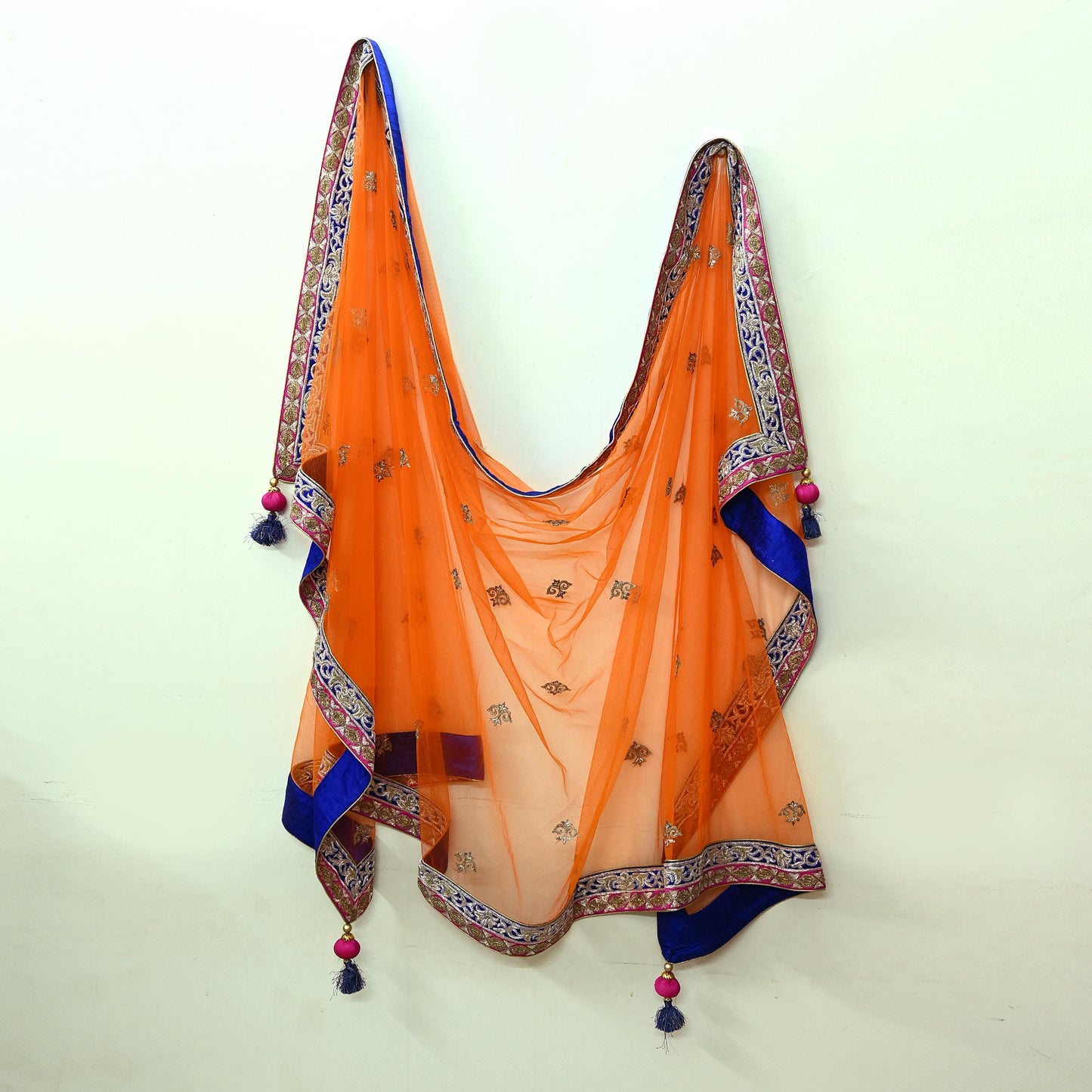 Indian Pre-owned Heavy Wedding Dupatta Orange Net Long Stole Hand Embroidered By Designer Sabyasachi Scarves Zardozi Bridal Veil
