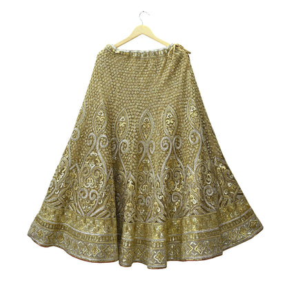 Indian Pre-owned Golden Heavy Wedding Net Hand Embroidered Lehenga/Skirt Designer By Abu Jani Bridal Wear Gota Patti