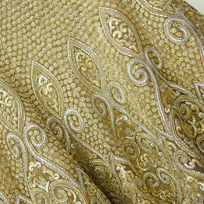 Indian Pre-owned Golden Heavy Wedding Net Hand Embroidered Lehenga/Skirt Designer By Abu Jani Bridal Wear Gota Patti