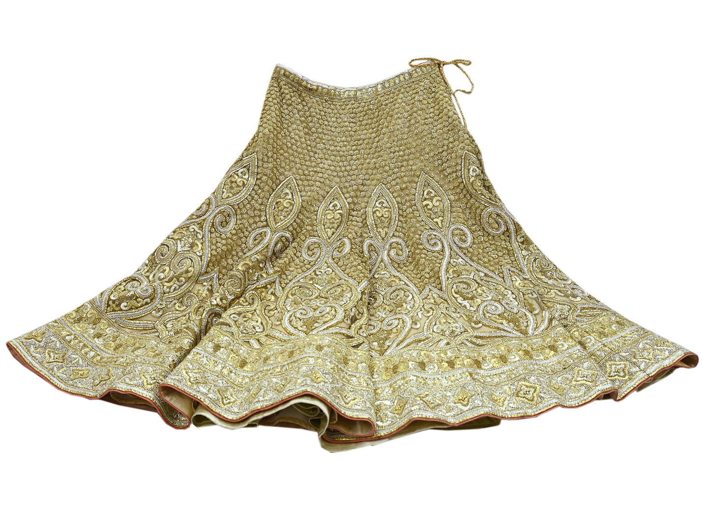 Indian Pre-owned Golden Heavy Wedding Net Hand Embroidered Lehenga/Skirt Designer By Abu Jani Bridal Wear Gota Patti