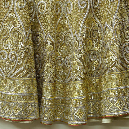 Indian Pre-owned Golden Heavy Wedding Net Hand Embroidered Lehenga/Skirt Designer By Abu Jani Bridal Wear Gota Patti